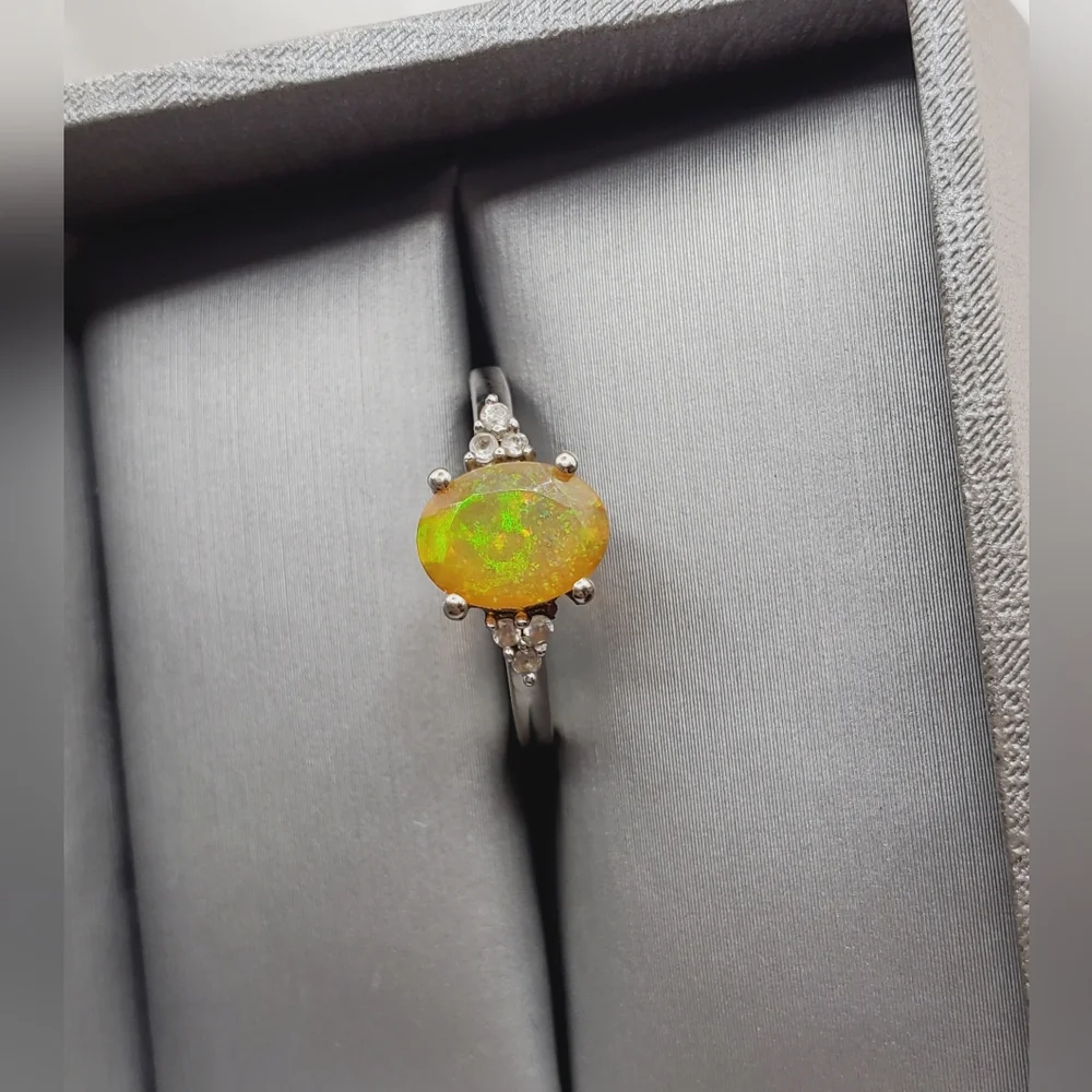 10k Solid White Gold Genuine Ethiopian Oval Opal & White Zircon Ring
